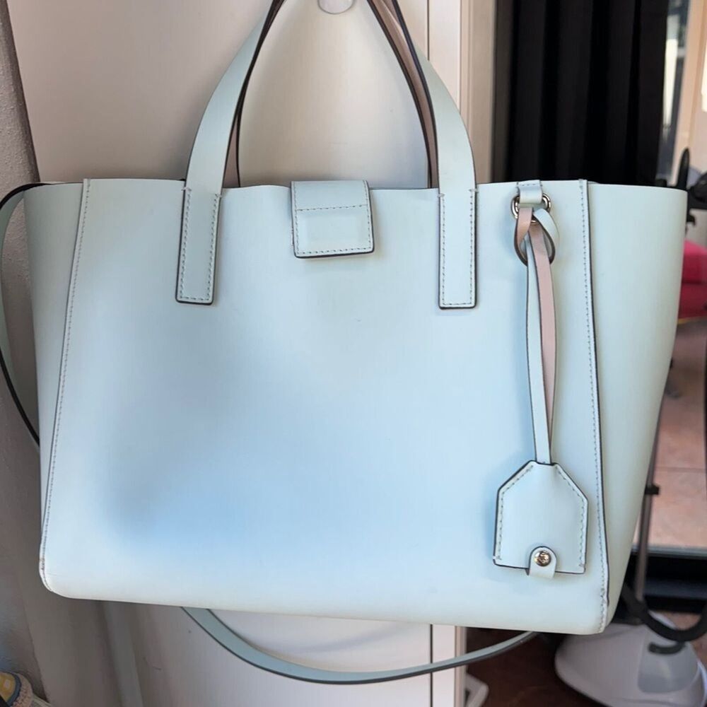 kate spade Light Blue Leather Tote with Pale Pink Trim